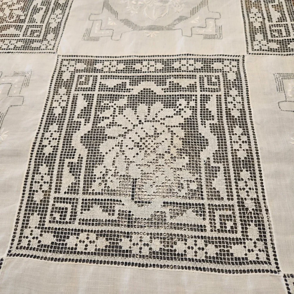 Vtg Filet Lace And Embroidered Panels Patchwork Tablecloth Cottagecore 66 X 88
